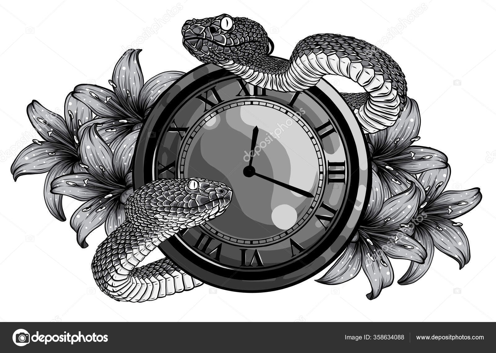 Monochromatic Vintage pocket watch with leaves and snake Stock