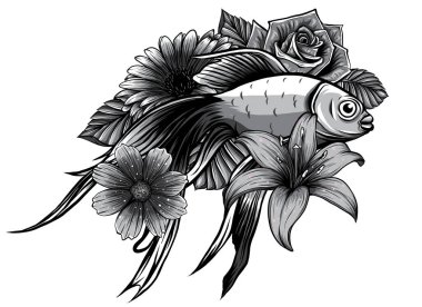 Tek renkli Koi balığı dövmesi çizimi. tasarım sanatı