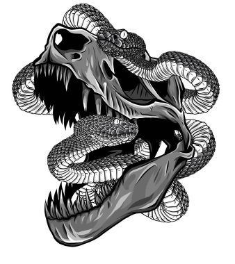 Tek renkli Dinozor Kafatası. Yılanlı T-Rex Kafatası Çizimi