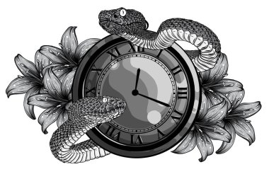 monochromatic Vintage pocket watch with leaves and snake clipart