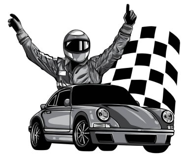 Bir yarış pilotunun arabasının önünde monokromatik vektör çizimi