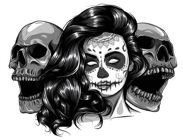 Monochromatický Sugar lebka dívka tvář s make-up pro den mrtvých Dia de los Muertos. vektor — Stockový vektor