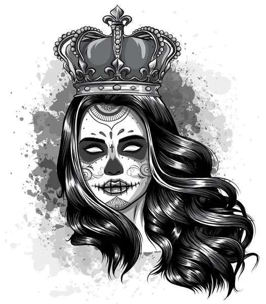 Monochromatisches Totenkopf-Mädchen mit Krone. Vektor-Illustrationsdesign — Stockvektor