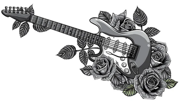 Illustration monochromatique Guitare abstraite avec rose rouge. Vecteur — Image vectorielle