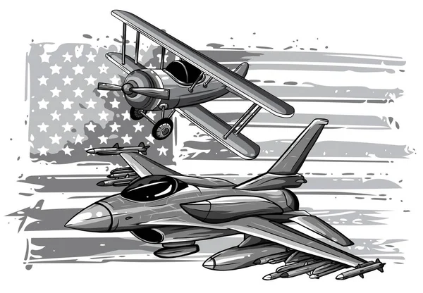 Avião militar monocromático disparou um míssil. Ilustração do vetor do jato do lutador . — Vetor de Stock