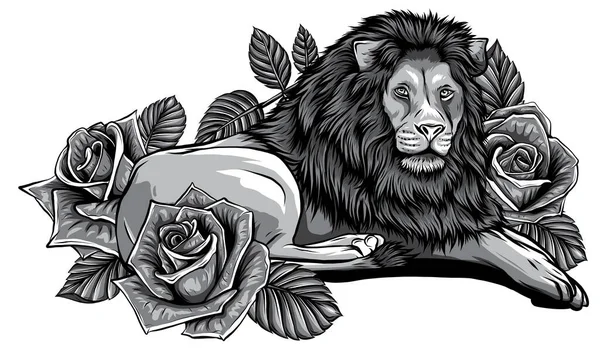 Monocromático La cabeza de un león en un vector ornamento de flores — Archivo Imágenes Vectoriales