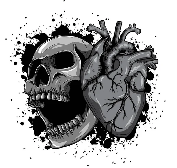 Monokromatisk tecknad skalle med hjärtan, kärlek dödskalle huvud — Stock vektor