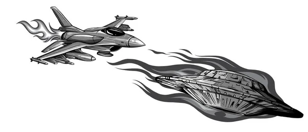 Espacio estelar de batalla monocromático desde un OVNI y un avión — Vector de stock