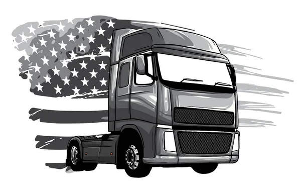 Enfärgad klassisk amerikansk lastbil. Vektor illustration med amerikansk flagga — Stock vektor