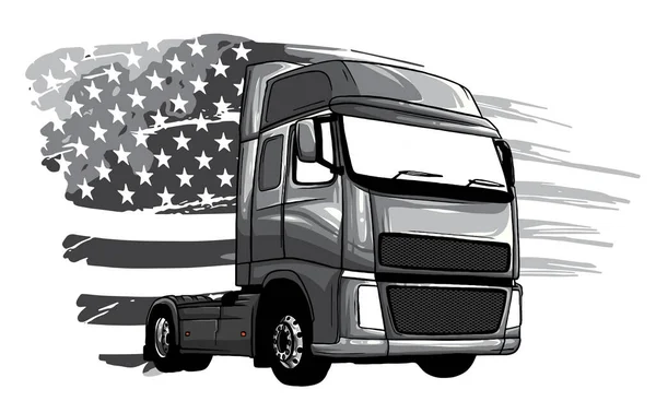 Monocromático Classic American Truck. Ilustração vetorial com bandeira americana —  Vetores de Stock