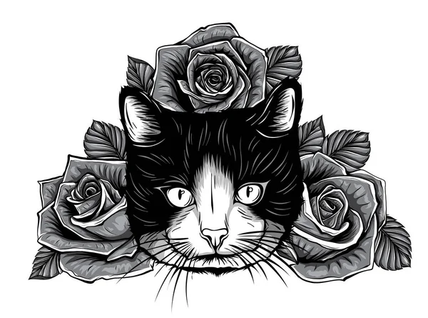 バラのついたモノクローム漫画ふわふわ猫。目を開けて花を咲かせるシマウマ。大人と子供のためのぬり絵. — ストックベクタ