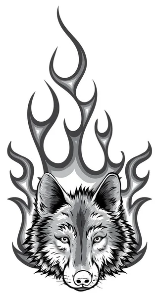Diseño monocromático de la mascota del vector del logotipo del fuego llameante del lobo — Vector de stock