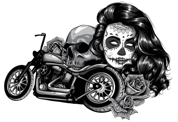 Illustration monochromatique Crâne femme moto avec cartes à jouer poker — Image vectorielle