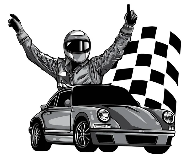 Illustrazione vettoriale monocromatica di un pilota di auto da corsa davanti alla sua auto — Vettoriale Stock