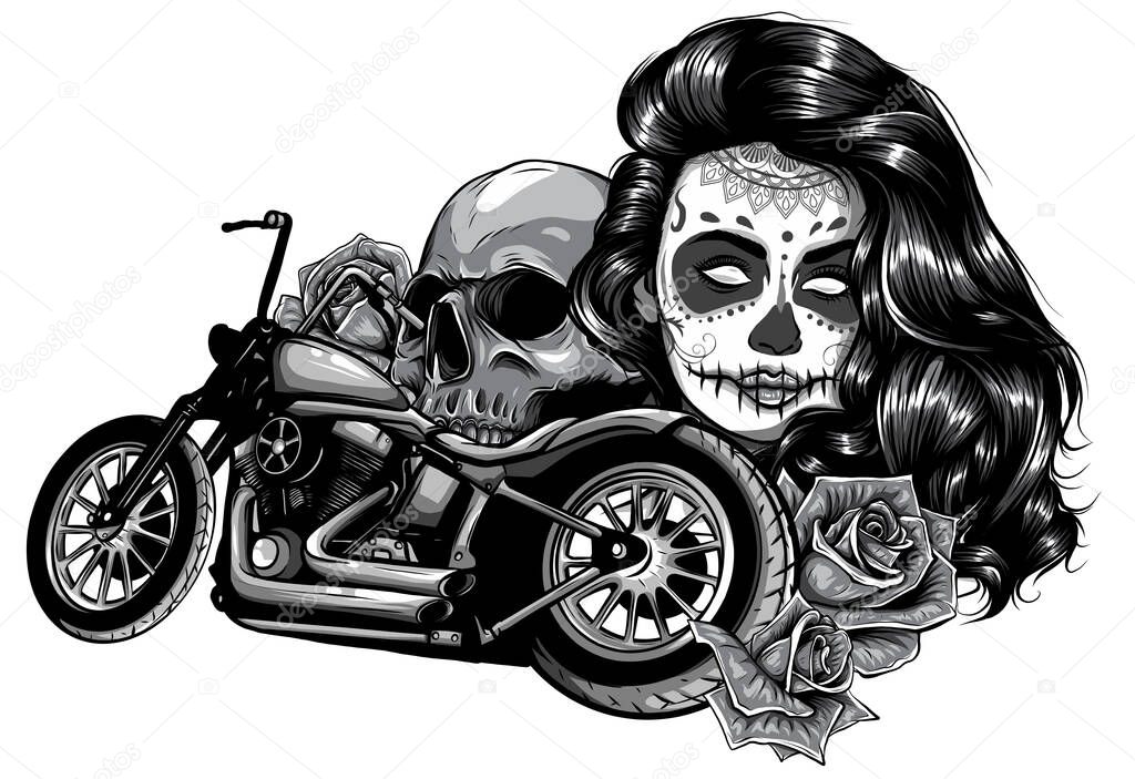 monochromatic illustration Motorcycle woman skull with playing cards poker