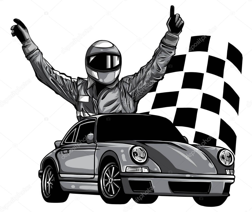 monochromatic vector illustration of a race car driver in front of his car