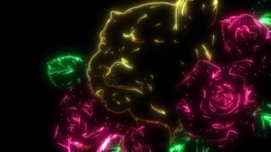 Neon tarzında ışıldayan gülleri olan bir panterin dijital animasyonu