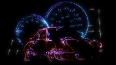 Neon tarzı parlayan bir yarış arabasının dijital animasyonu