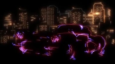 Şehirde neon tarzı ışıldayan bir arabanın dijital animasyonu