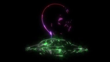 UFO 'daki bir uzaylının dijital animasyonu neon tarzı üzerine ışık saçıyor.