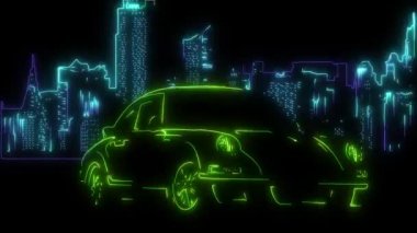 Şehirde neon tarzı ışıldayan bir arabanın dijital animasyonu