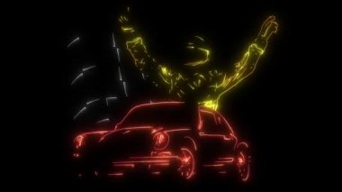 Neon tarzı parlayan bir yarış arabasının dijital animasyonu