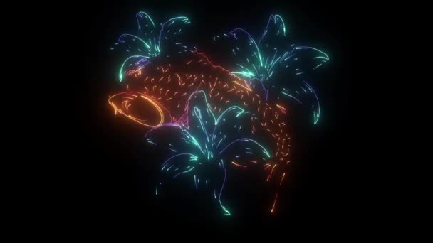 Ψηφιακή κινούμενη εικόνα κυπρίνου και λουλουδιού που φωτίζει το νέον στυλ — Αρχείο Βίντεο