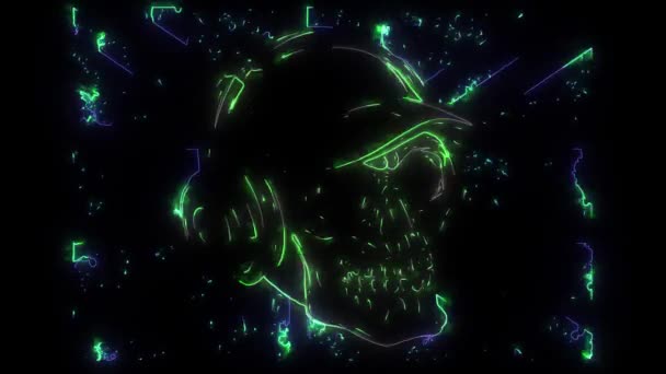 Digital animation of a skull with phonehead that lighting up on neon style — Stock Video