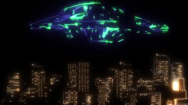 Animation numérique d'un ufo dans la ville qui s'allume sur le style néon — Video