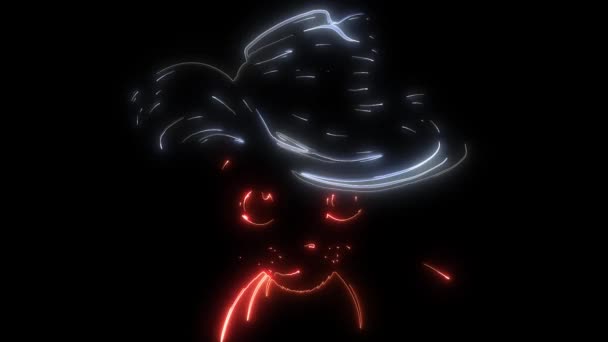 Digitale animatie van een kat met hoed die oplicht op neon stijl — Stockvideo