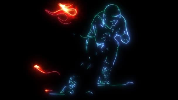 Цифровая анимация лыжника с пламенем, который загорается на неоновом стиле — стоковое видео