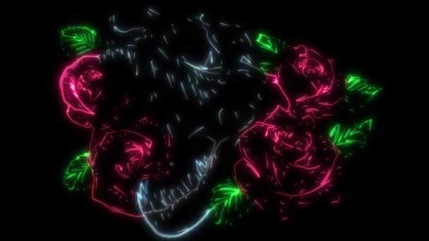 Digitális animáció egy tyrannosaurus koponya világít neon stílusban — Stock videók