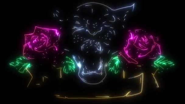Ψηφιακή animation ενός πάνθηρα με τριαντάφυλλα που φωτίζουν σε στυλ νέον — Αρχείο Βίντεο