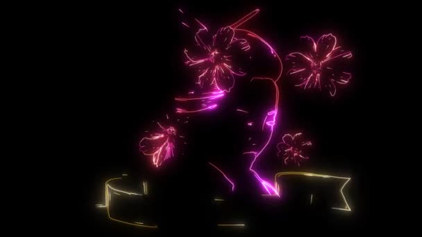 Digital animation of a geisha with flower that lighting up on neon style — Stock Video