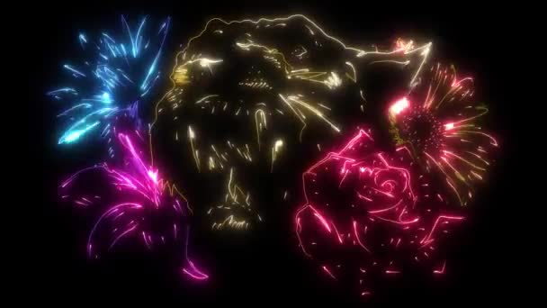 digitális animáció egy tigris virág, hogy világít a neon stílus