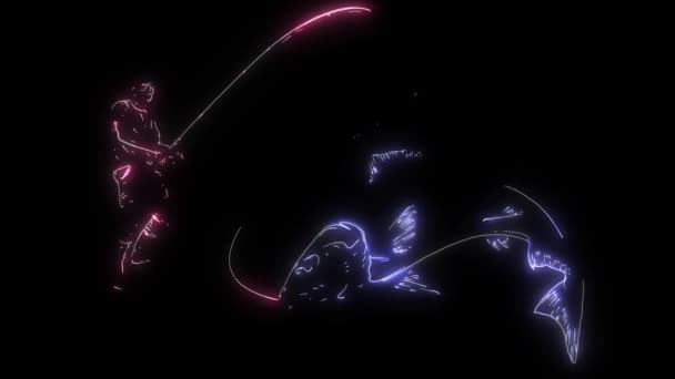 Animación digital de un pescador que se ilumina en estilo neón — Vídeos de Stock