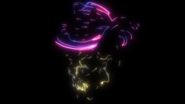 Animação digital de um crânio com chapéu que iluminam no estilo de néon — Vídeo de Stock