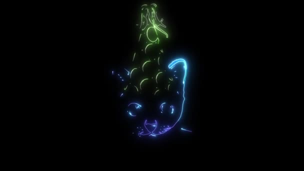 Neon tarzı parlayan şapkalı bir kedinin dijital animasyonu — Stok video
