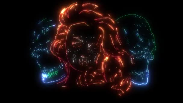 animation numérique d'une femme avec des crânes qui s'allument sur le style néon 