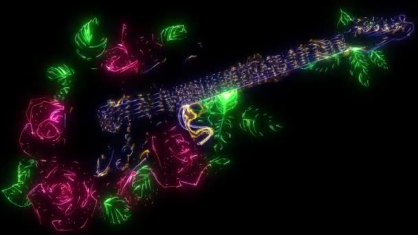 animation numérique d'une guitare avec des roses qui s'allument sur le style néon 
