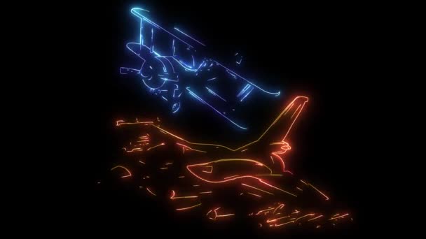Цифровая анимация военного самолета, который загорается на неоновом стиле — стоковое видео