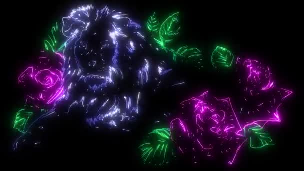 Animazione digitale di un leone con rose che si accendono su stile neon — Video Stock