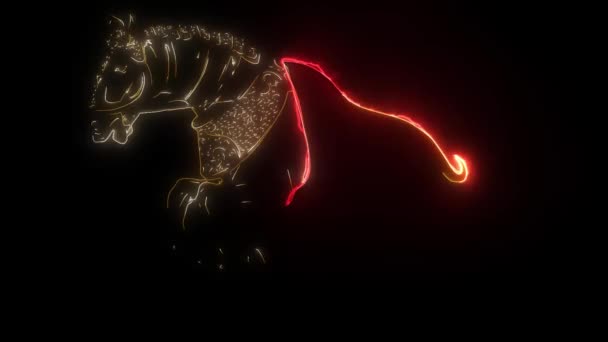 Цифровая анимация лошади с пламенем, которая загорается на неоновом стиле — стоковое видео