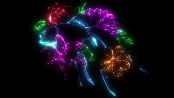 Цифровая анимация рыбы с цветком, которая светится на неоновом стиле — стоковое видео