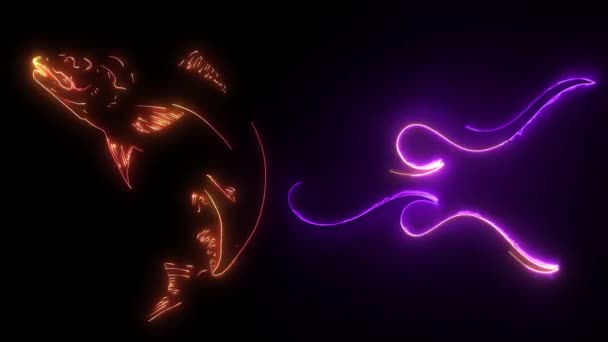 有火焰的鱼的数字动画，这种火焰点亮了霓虹灯的风格 — 图库视频影像