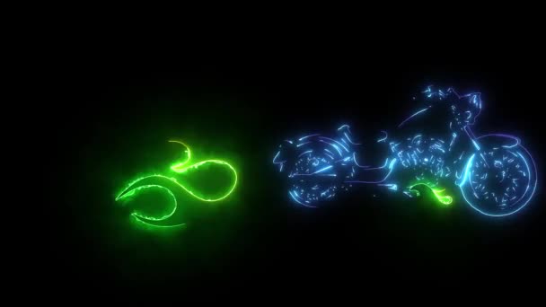 Digitale Animation eines Chopper mit Flammen, die im Neon-Stil aufleuchten — Stockvideo