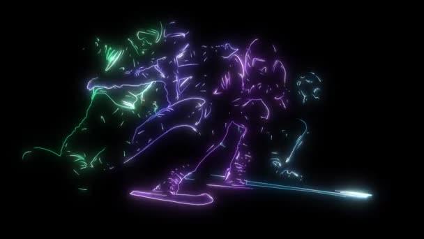 Digitale Animation eines Skifahrers, der im Neon-Stil leuchtet — Stockvideo