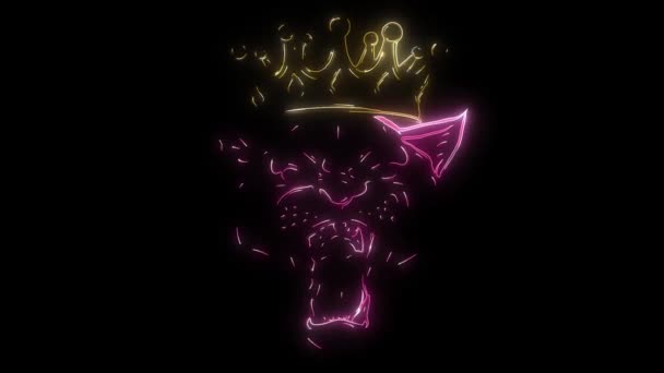 Animación digital de un jaguar con corona que se ilumina en estilo neón — Vídeo de stock