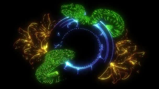 Digital animation of a pocket watch with snakes that lighting up on neon style — Stock Video