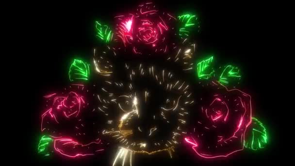 Animación digital de un gato con rosas que se iluminan en estilo neón — Vídeos de Stock